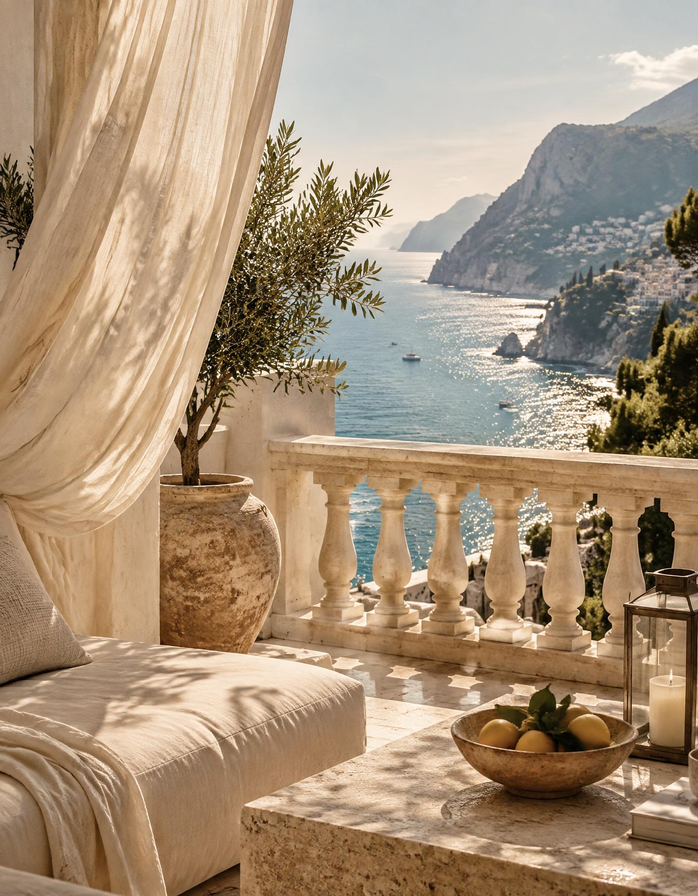 Sunlit Mediterranean terrace overlooking the sea